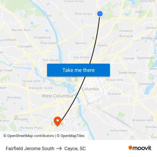 Fairfield Jerome South to Cayce, SC map