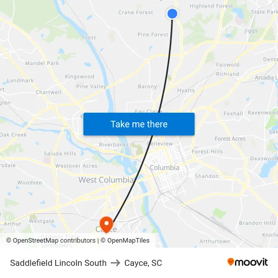 Saddlefield Lincoln South to Cayce, SC map