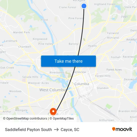 Saddlefield Payton South to Cayce, SC map