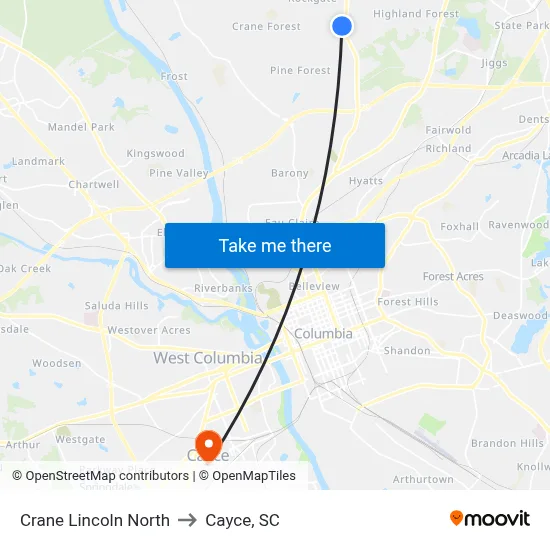 Crane Lincoln North to Cayce, SC map