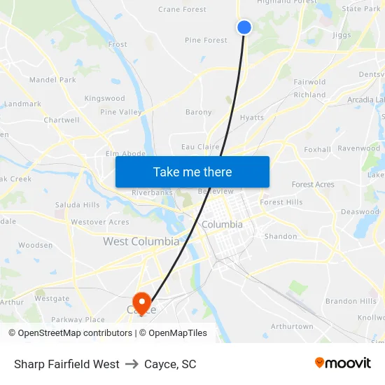 Sharp Fairfield West to Cayce, SC map