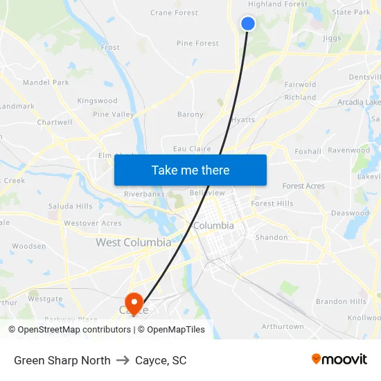 Green Sharp North to Cayce, SC map