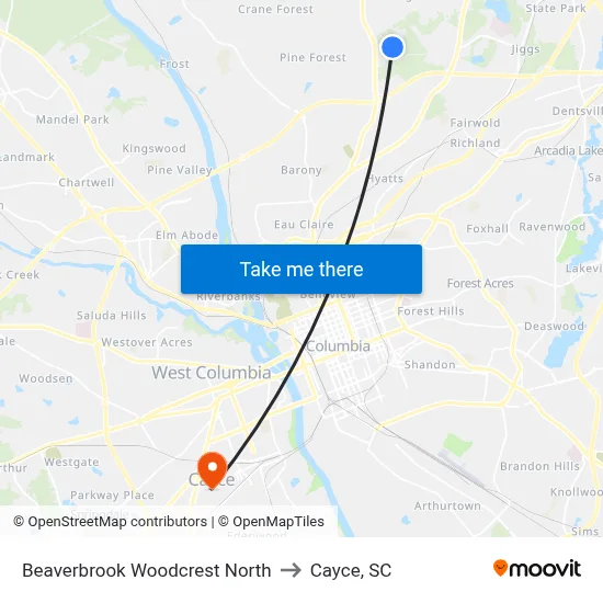 Beaverbrook Woodcrest North to Cayce, SC map