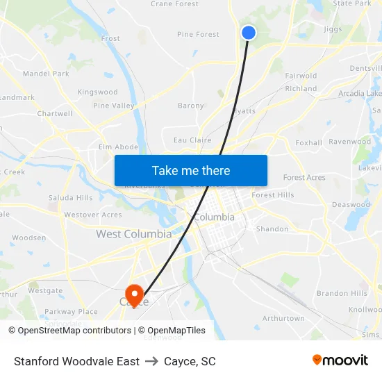 Stanford Woodvale East to Cayce, SC map