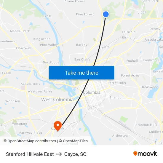 Stanford Hillvale East to Cayce, SC map
