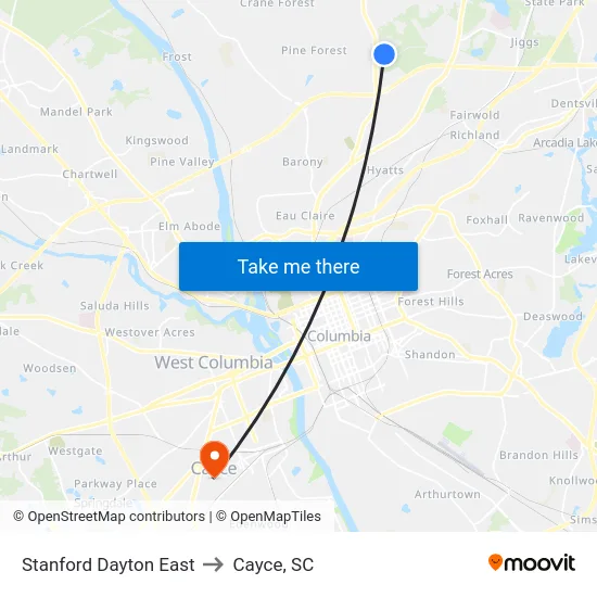 Stanford Dayton East to Cayce, SC map