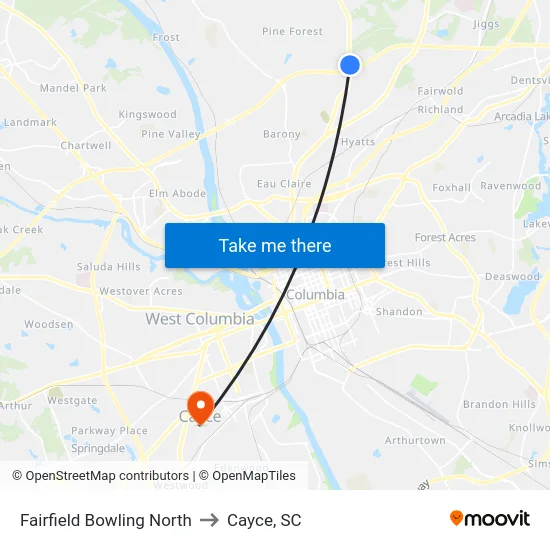 Fairfield Bowling North to Cayce, SC map