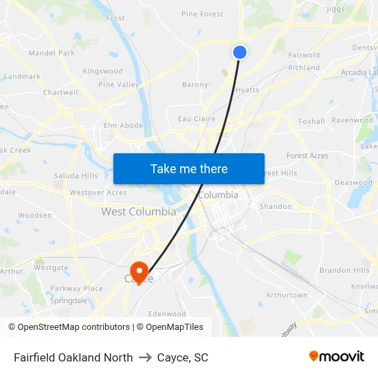 Fairfield Oakland North to Cayce, SC map