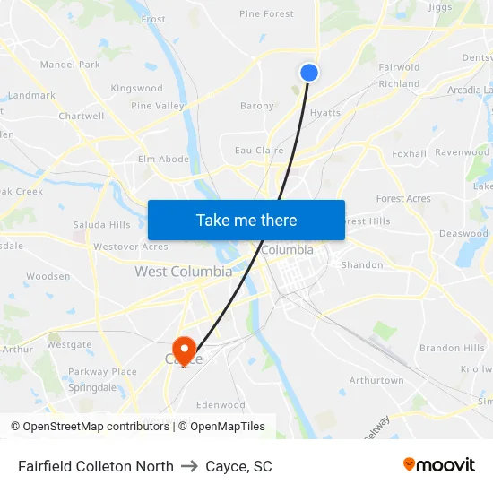 Fairfield Colleton North to Cayce, SC map