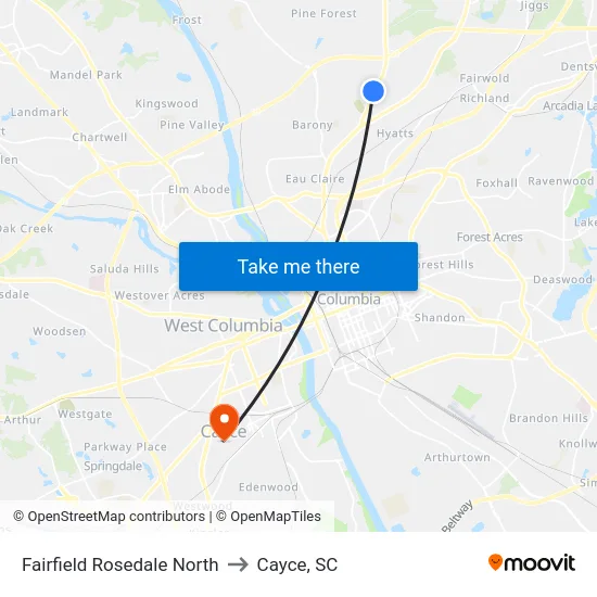 Fairfield Rosedale North to Cayce, SC map