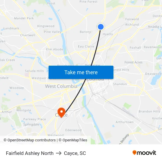 Fairfield Ashley North to Cayce, SC map