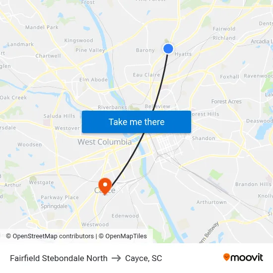 Fairfield Stebondale North to Cayce, SC map