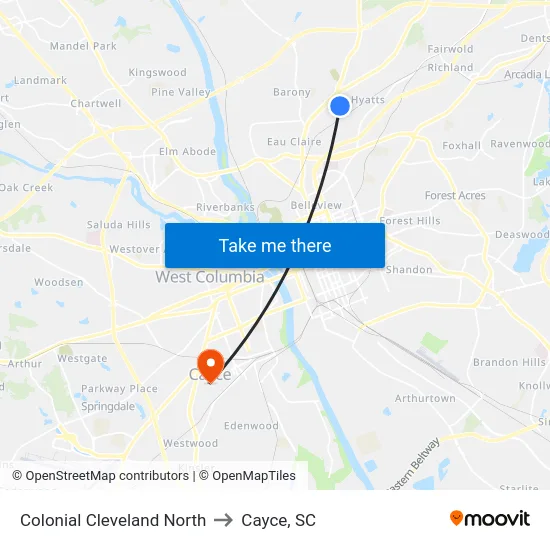 Colonial Cleveland North to Cayce, SC map