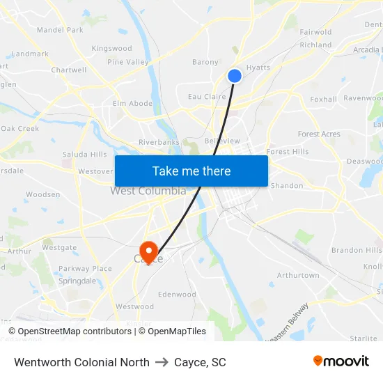 Wentworth Colonial North to Cayce, SC map
