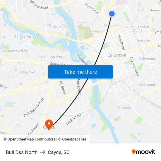 Bull Dss North to Cayce, SC map
