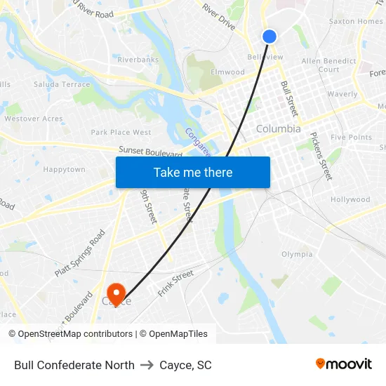 Bull Confederate North to Cayce, SC map