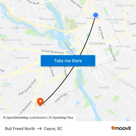 Bull Freed North to Cayce, SC map
