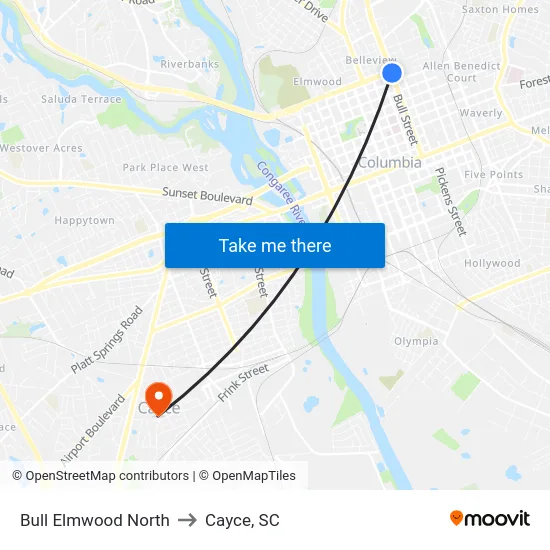Bull Elmwood North to Cayce, SC map