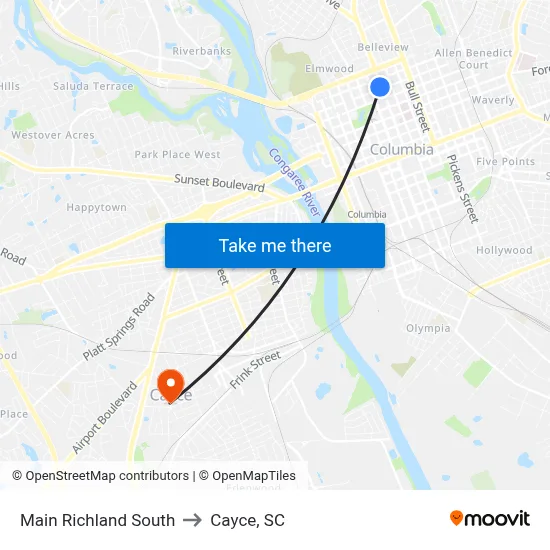 Main Richland South to Cayce, SC map