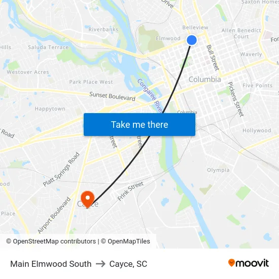 Main Elmwood South to Cayce, SC map