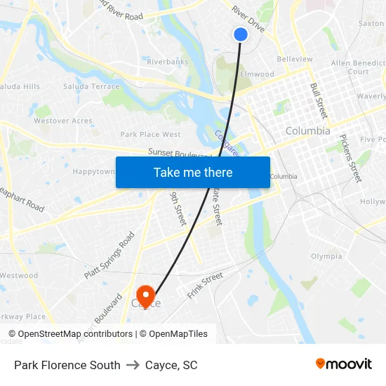 Park Florence South to Cayce, SC map