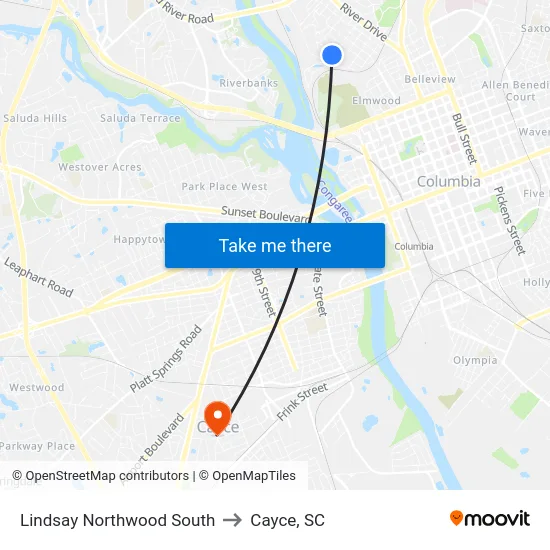Lindsay Northwood South to Cayce, SC map