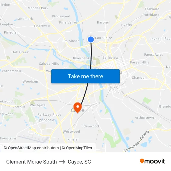 Clement Mcrae South to Cayce, SC map