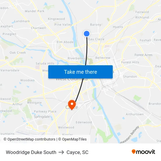 Woodridge Duke South to Cayce, SC map