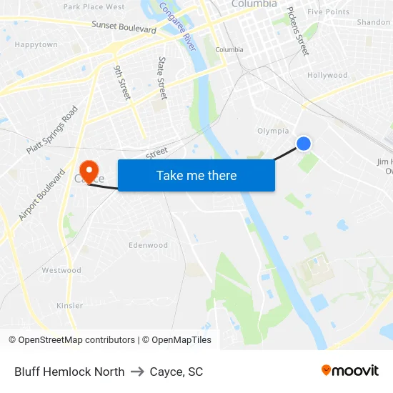 Bluff Hemlock North to Cayce, SC map
