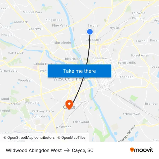 Wildwood Abingdon West to Cayce, SC map
