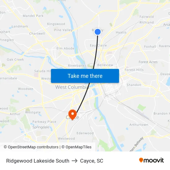 Ridgewood Lakeside South to Cayce, SC map