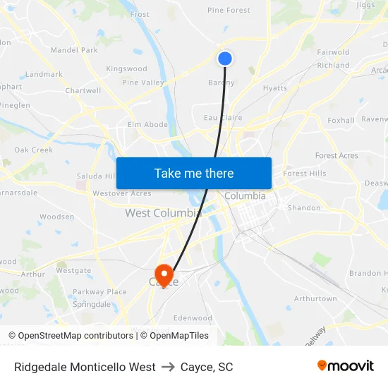 Ridgedale Monticello West to Cayce, SC map