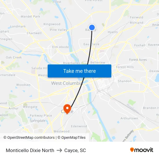 Monticello Dixie North to Cayce, SC map