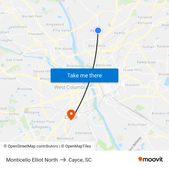 Monticello Elliot North to Cayce, SC map