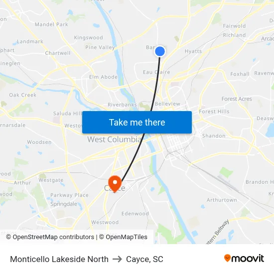 Monticello Lakeside North to Cayce, SC map