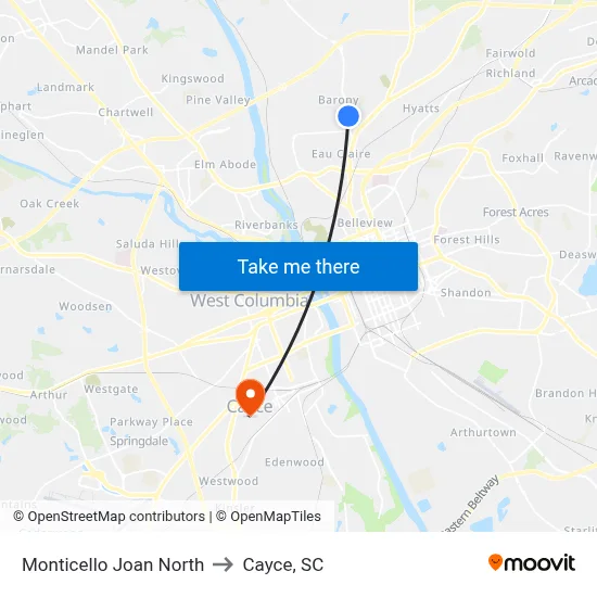 Monticello Joan North to Cayce, SC map