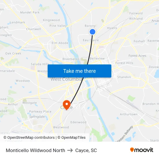 Monticello Wildwood North to Cayce, SC map