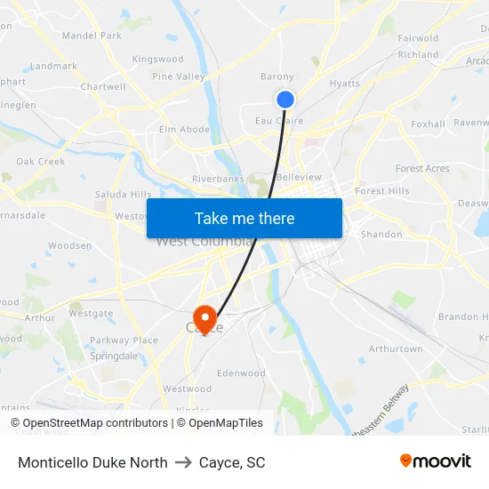 Monticello Duke North to Cayce, SC map