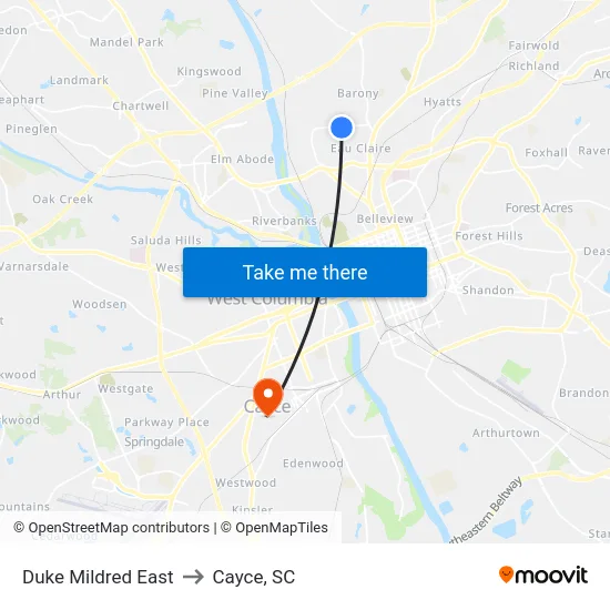 Duke Mildred East to Cayce, SC map