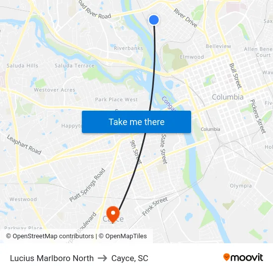 Lucius Marlboro North to Cayce, SC map