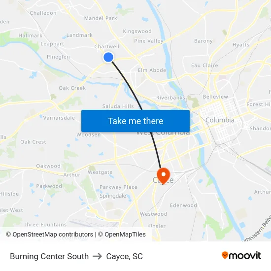 Burning Center South to Cayce, SC map