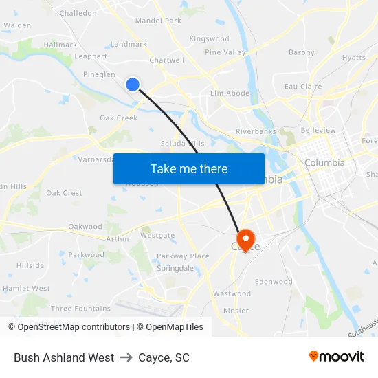 Bush Ashland West to Cayce, SC map