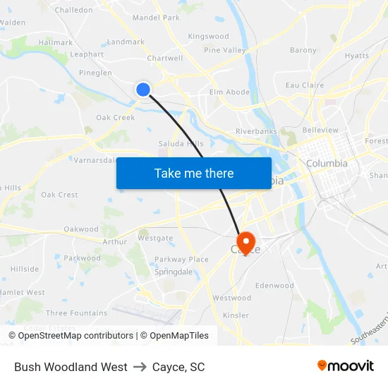 Bush Woodland West to Cayce, SC map