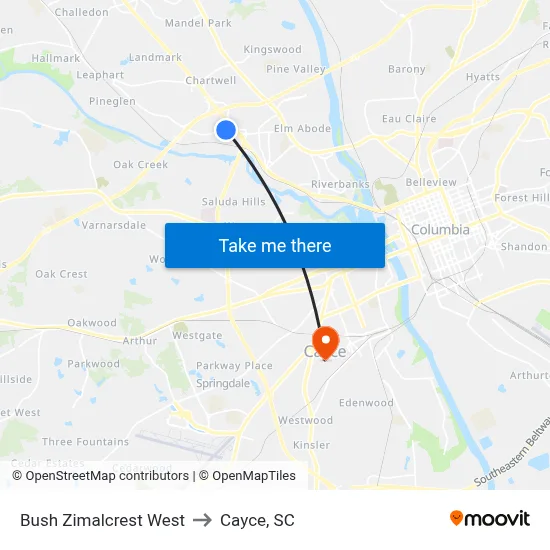 Bush Zimalcrest West to Cayce, SC map