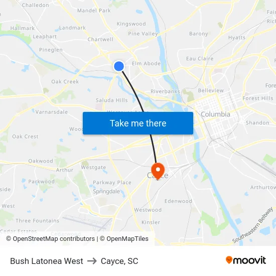 Bush Latonea West to Cayce, SC map