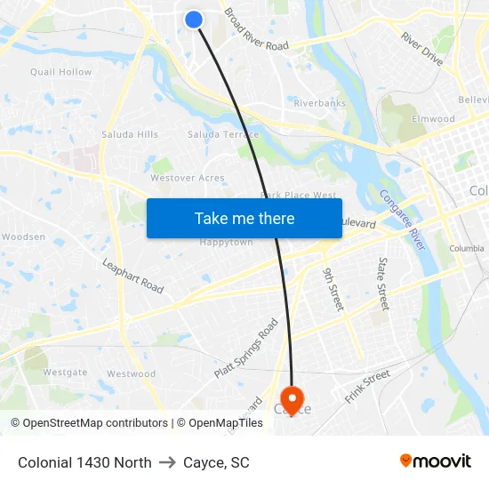 Colonial 1430 North to Cayce, SC map