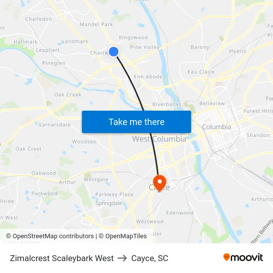 Zimalcrest Scaleybark West to Cayce, SC map