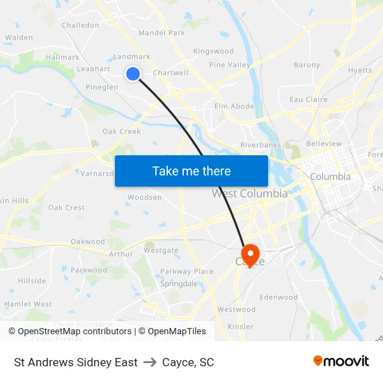 St Andrews Sidney East to Cayce, SC map
