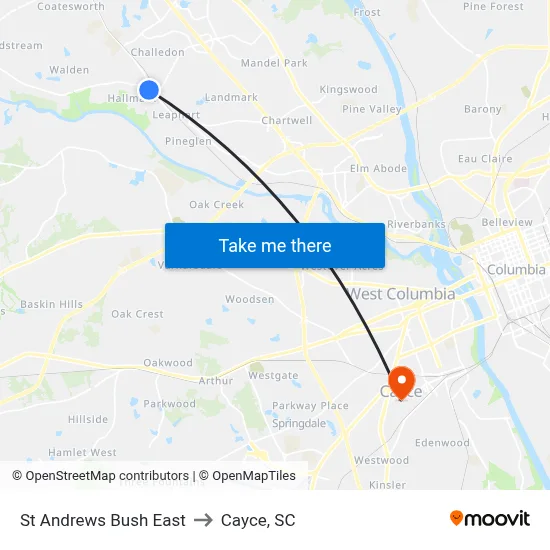 St Andrews Bush East to Cayce, SC map