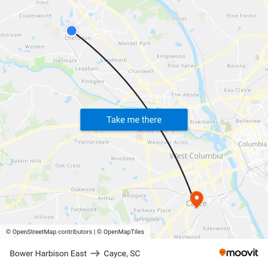 Bower Harbison East to Cayce, SC map